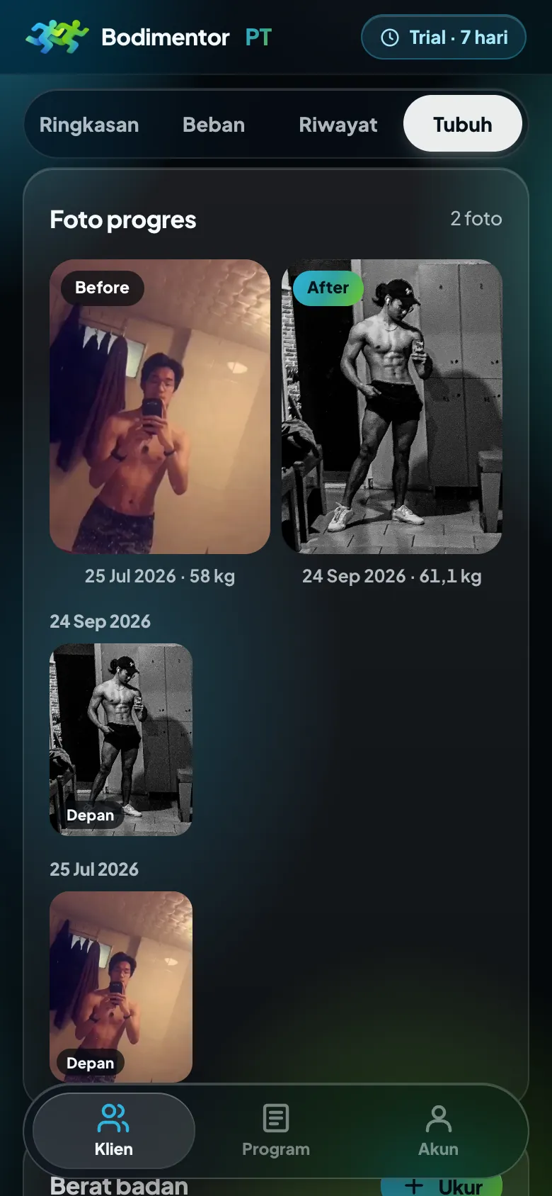 Foto progres before dan after di tab Tubuh