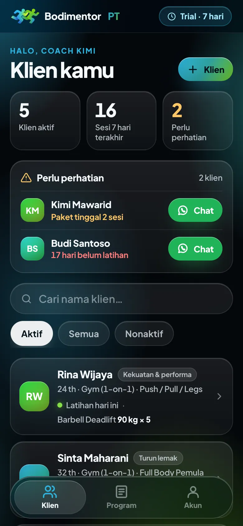 Coach App: daftar klien dan klien yang perlu perhatian